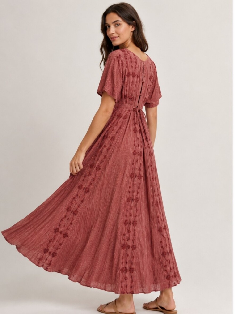MPH Maxi Dress Sz L Flowy Crinkled Floral Embroidery Festival Cottagecore Hippie